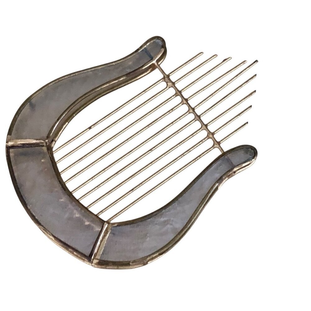 Vintage Capiz Shell & Brass Gold Lyre Harp Christmas Ornament Musical Theme 3.5"